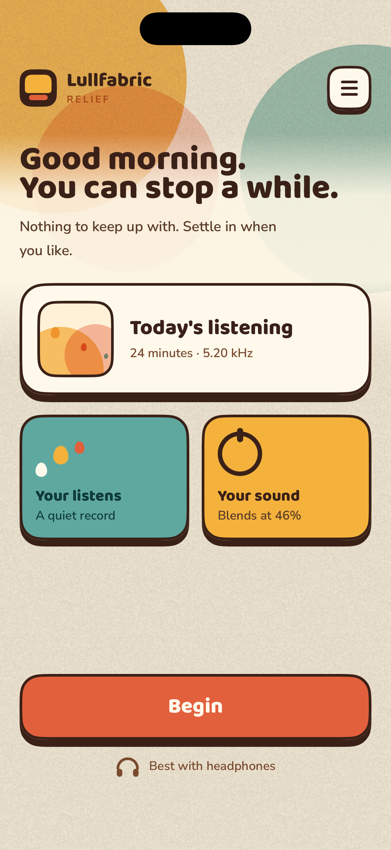 The Lullfabric Relief home screen: the wordmark lockup, a Today's listening card, tiles for Your listens and Your sound, and a coral Begin button