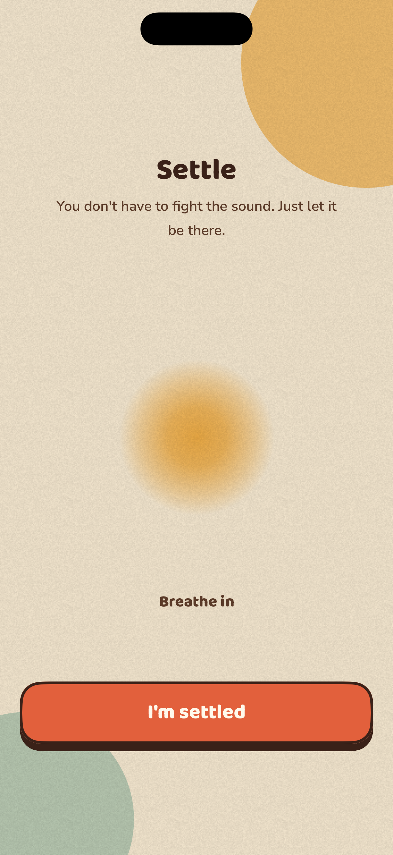 The Settle screen: a breathing wind-down with the body figure and a paced breath prompt