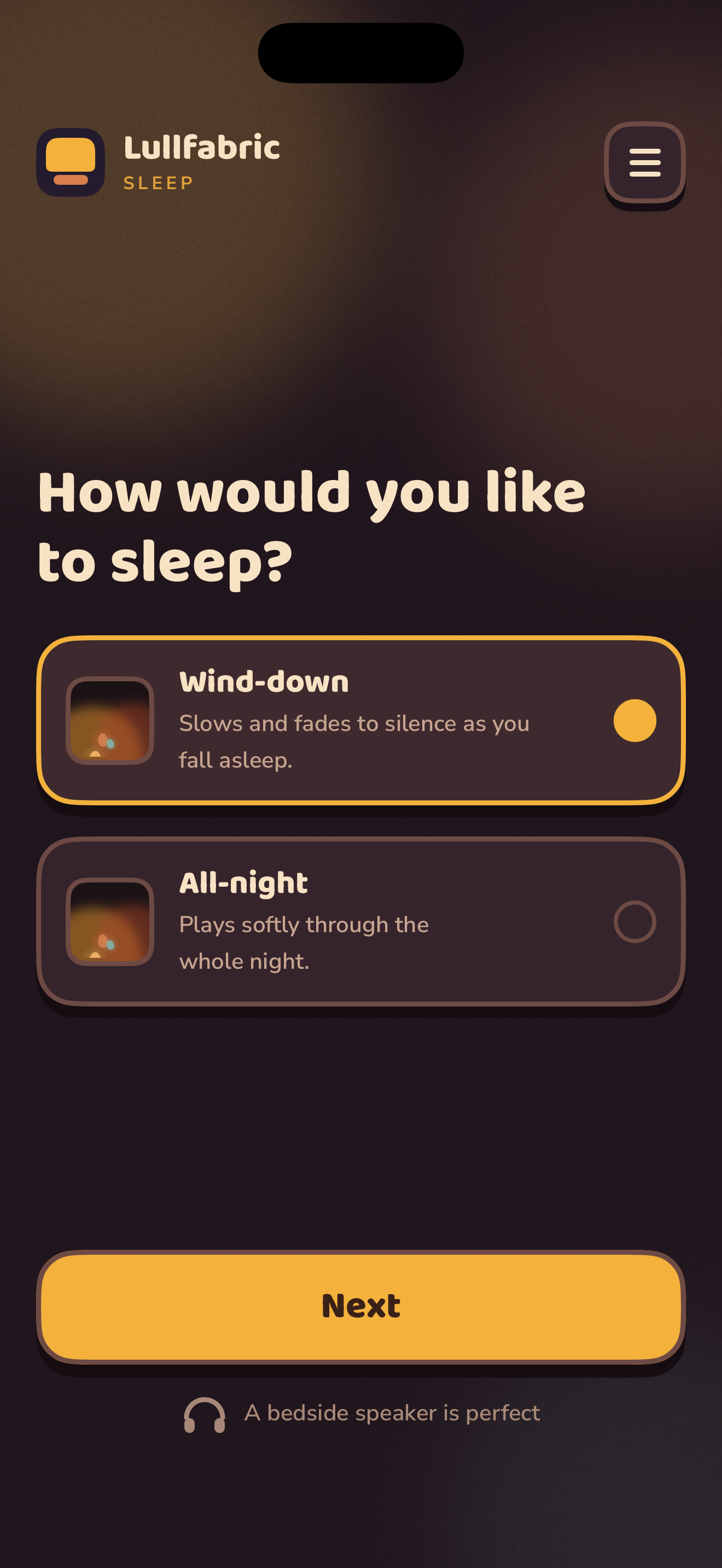 The Sleep mode screen with Wind-down selected