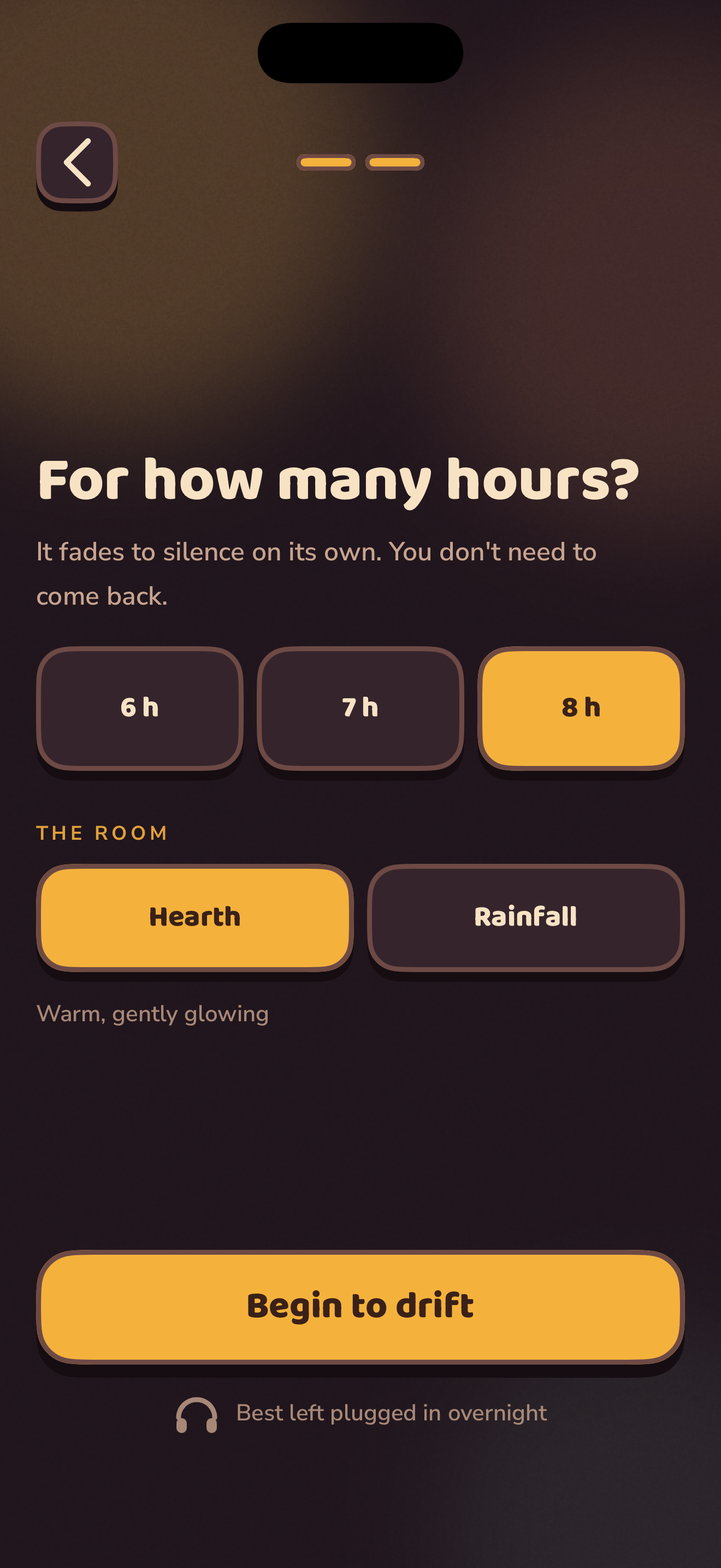 The Sleep setup screen: duration chips and the room presets with their descriptions